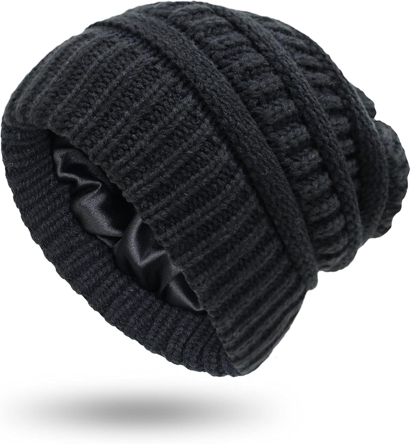 Womens Winter Warm Knitted Hat Satin Silk Lined Cable Knit Beanie Chunky Slouchy Skull Cap
