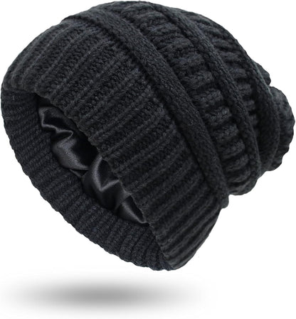 Womens Winter Warm Knitted Hat Satin Silk Lined Cable Knit Beanie Chunky Slouchy Skull Cap