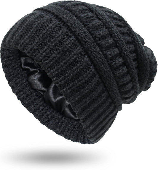 Womens Winter Warm Knitted Hat Satin Silk Lined Cable Knit Beanie Chunky Slouchy Skull Cap