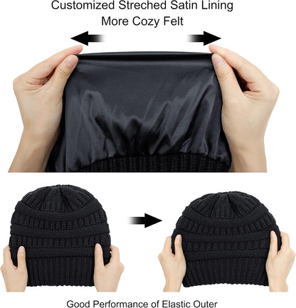 Womens Winter Warm Knitted Hat Satin Silk Lined Cable Knit Beanie Chunky Slouchy Skull Cap