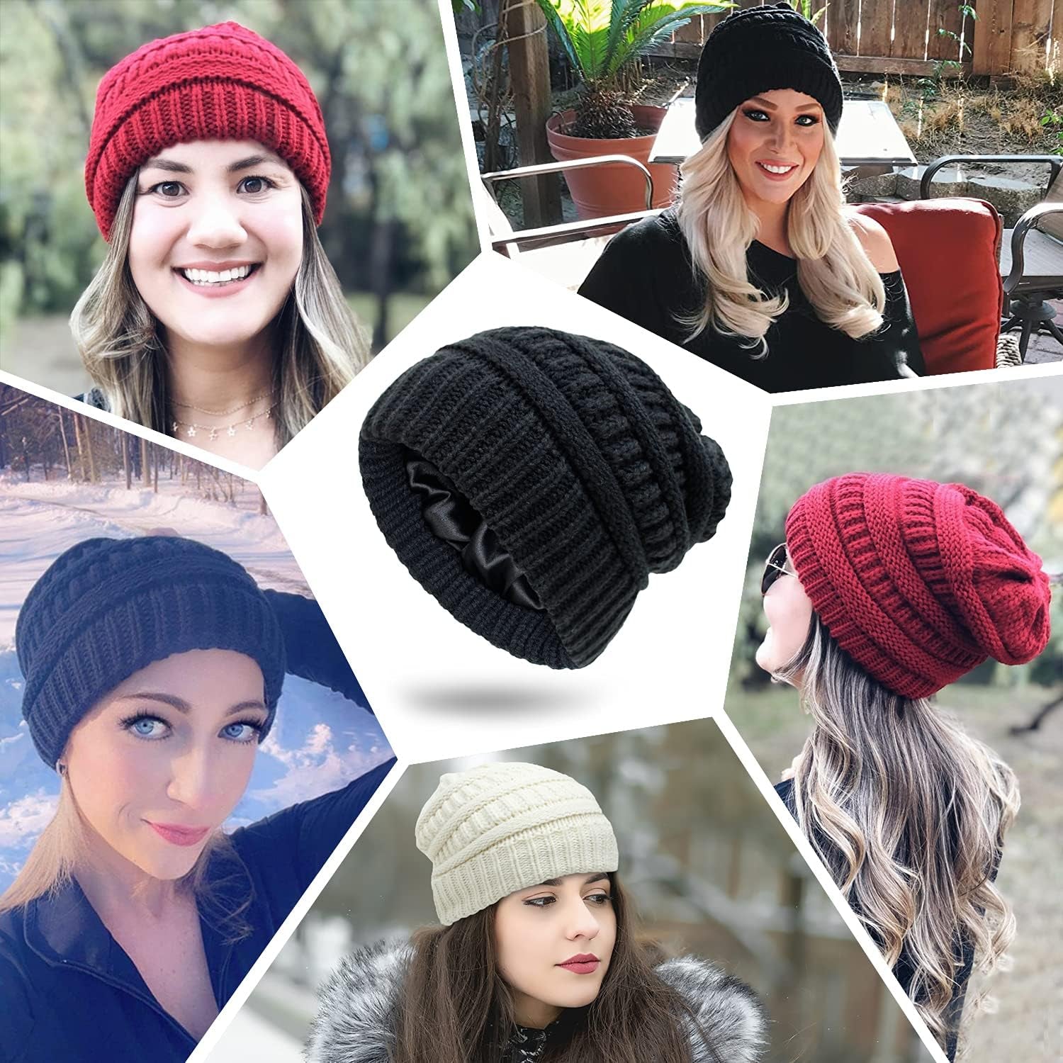 Womens Winter Warm Knitted Hat Satin Silk Lined Cable Knit Beanie Chunky Slouchy Skull Cap