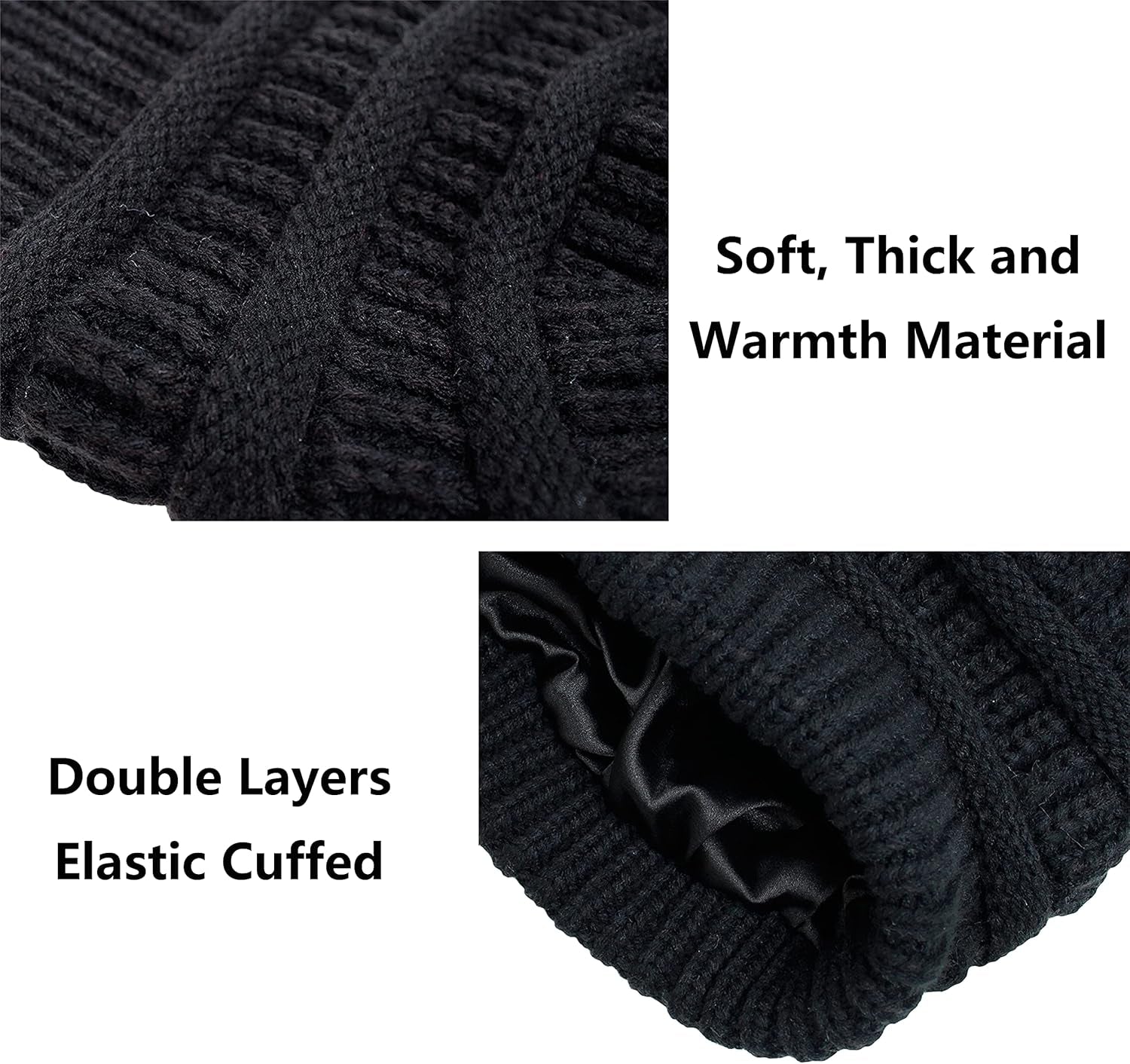 Womens Winter Warm Knitted Hat Satin Silk Lined Cable Knit Beanie Chunky Slouchy Skull Cap