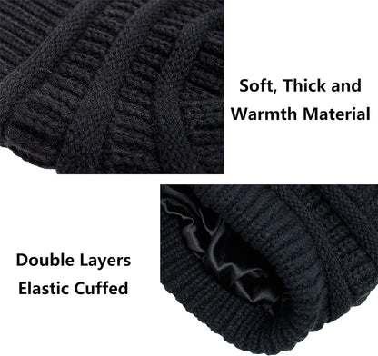Womens Winter Warm Knitted Hat Satin Silk Lined Cable Knit Beanie Chunky Slouchy Skull Cap