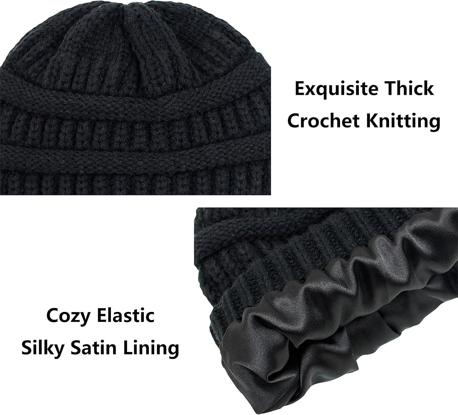 Womens Winter Warm Knitted Hat Satin Silk Lined Cable Knit Beanie Chunky Slouchy Skull Cap
